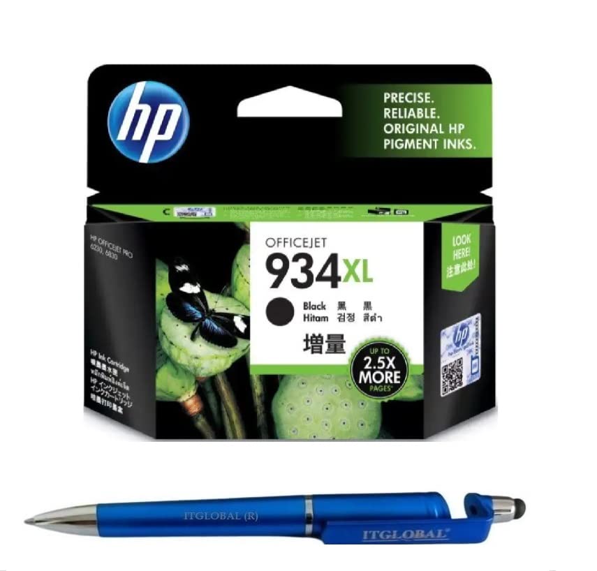 HP 934XL Black Ink Cartridge C2P23ZZ Bundle with 3 in 1 Multi-Function Creative Mobile Phone Stand, Stylus Pen, Ballpoint Pen (Very Colors)