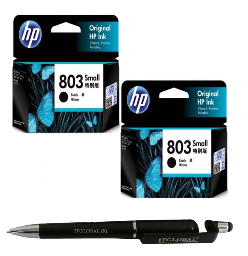 HP 803 Small Ink Cartridge (Black) Twin (Set of 2) with 3in1 Multi-Function Mobile Phone Stand, Stylus Pen, Anti-Metal Texture Rotating Ballpoint Pen (Very Colors)