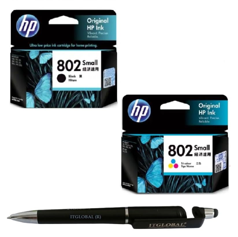 HP 802 Small Ink Cartridge (Black & Colour)(Set of2) with 3in1 Multi-Function Mobile Phone Stand, Stylus Pen, Anti-Metal Texture Rotating Ballpoint Pen (Very Colors)