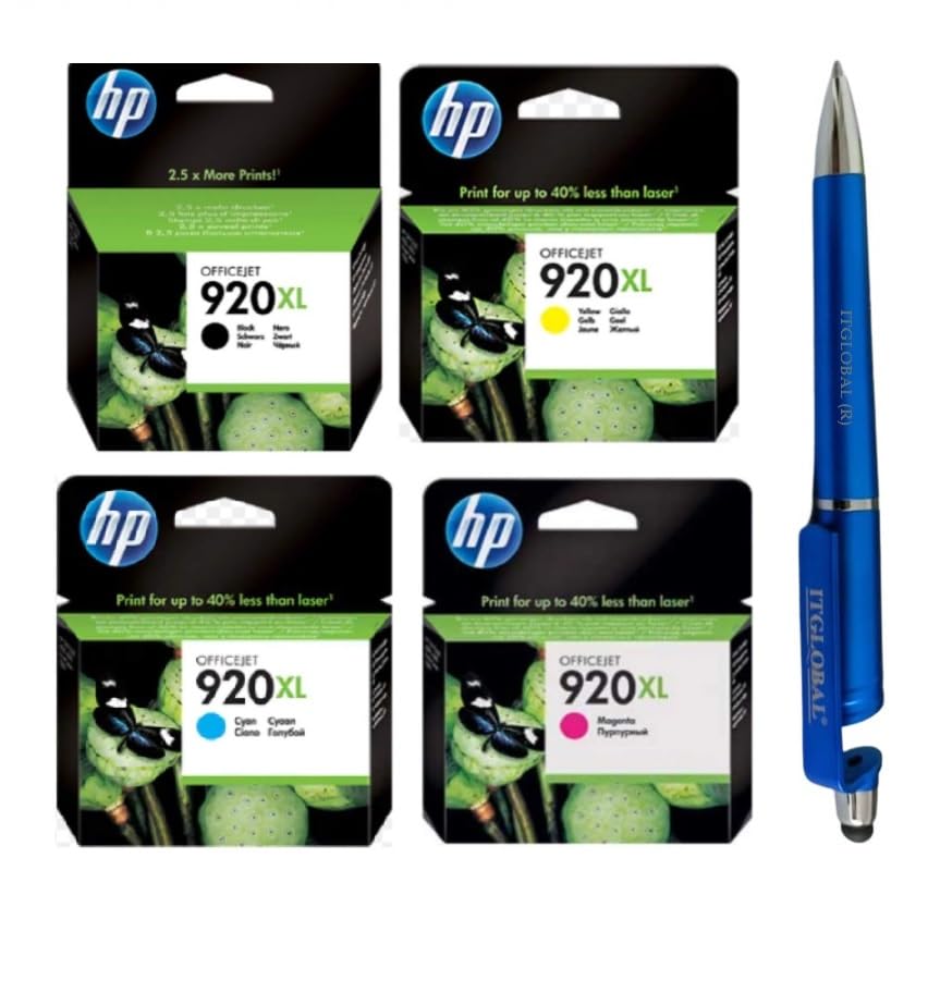 HP 920XL Ink Cartridge B/C/M/Y (Set of 4) with 3in1 Multi-Function Mobile Phone Stand, Stylus, Anti-Metal Texture Rotating Ballpoint Pen (Very Colors)