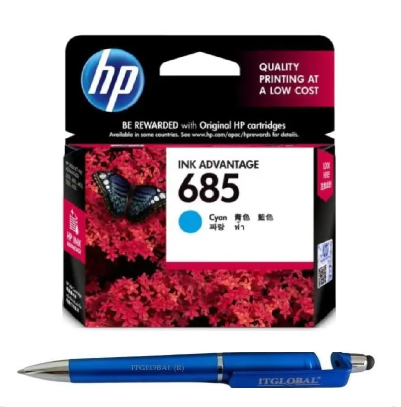 HP 685 Cyan Ink Cartridge CZ122AA Bundle with 3 in 1 Multi-Function Creative Mobile Phone Stand, Stylus Pen, Ballpoint Pen (Very Colors)