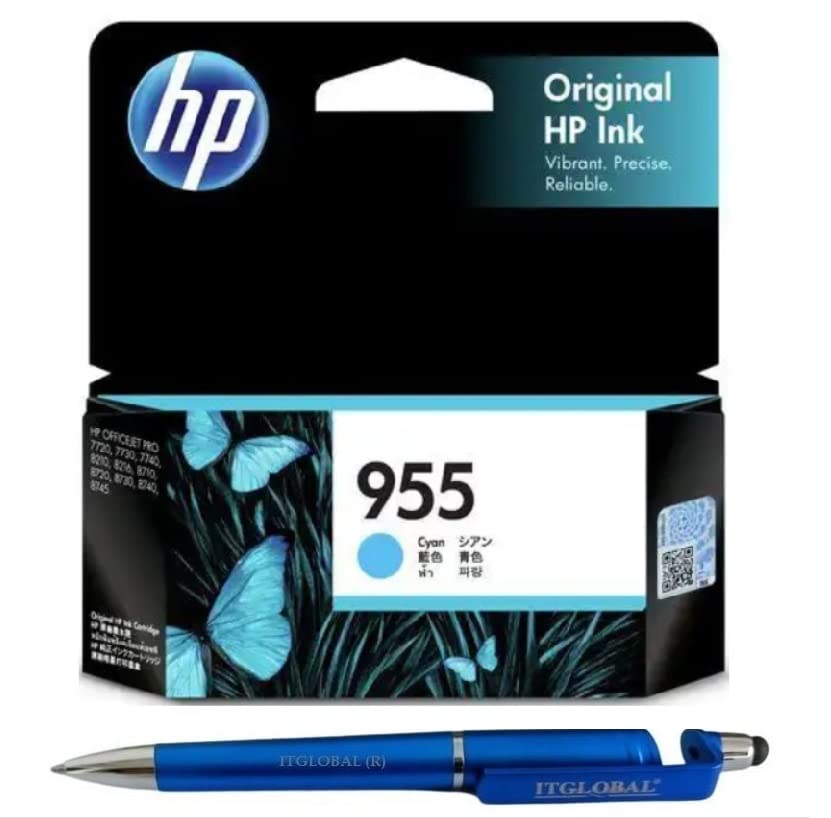 HP 955 Cyan Ink Cartridge L0S51AA L0S51C Bundle with 3 in 1 Multi-Function Creative Mobile Phone Stand, Stylus Pen, Ballpoint Pen (Very Colors)