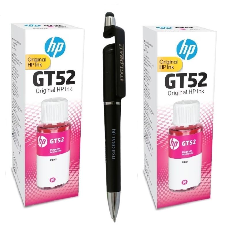 HP GT52 Twin Ink Bottle (Magenta) (Set of 2) with 3in1 Multi-Function Mobile Phone Stand, Stylus Pen, Anti-Metal Rotating Ballpoint Pen (Very Colors)
