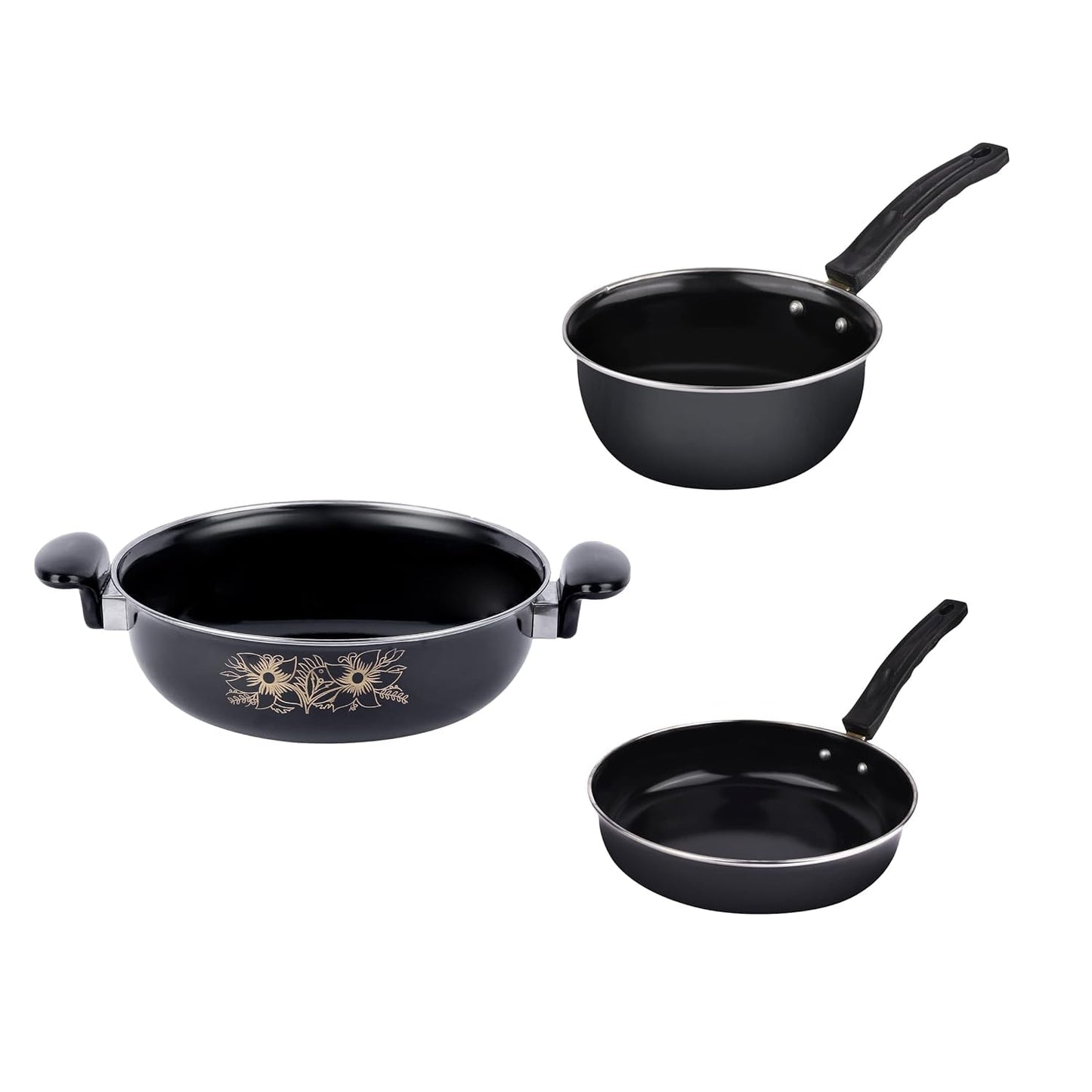 JESA HOMES 3 Pieces Accessories | Non Stick Induction Cookware Cooking Cooktop Combo Set for Kitchen | Kadai with Lid, Sauce Pan, Fry - Frying Pan | Made of Cast Iron