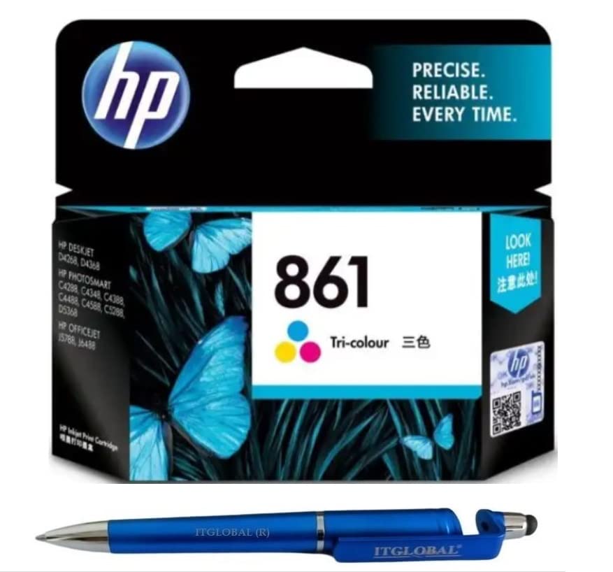 HP 861 Ink Cartridge (Colour) with 3in1 Multi-Function Mobile Phone Stand, Stylus Pen, Anti-Metal Texture Rotating Ballpoint Pen (Very Colors)