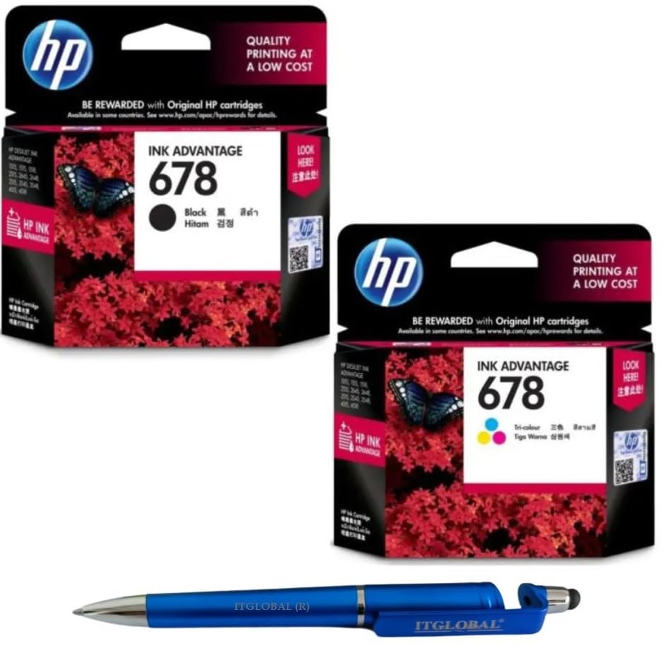 HP 678 Ink Cartridge (Black & Colour) (Set of 2) with 3in1 Multi-Function Mobile Phone Stand, Stylus Pen, Anti-Metal Texture Rotating Ballpoint Pen (Very Colors)