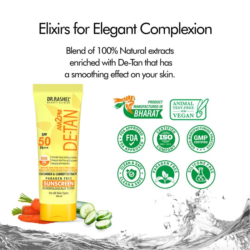 DR.RASHEL De -Tan Sunscreen SPF 50 PA+++ Cream Ultra Hydrating Protects Your Skin From UV Rays With Matte Look Oil Control For Normal to Oily Skin Cucumber & Carrot Extract – 100 ML