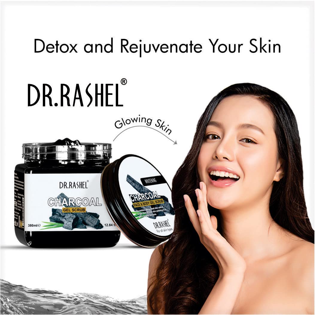 DR.RASHEL Charcoal Gel Face & Body Scrub For Men and Women (380 Ml) | All Skin |Cleanser Scrub For Deep Exfoliation | Dead Skin Remover | Tan Removal | Blackhead Remover