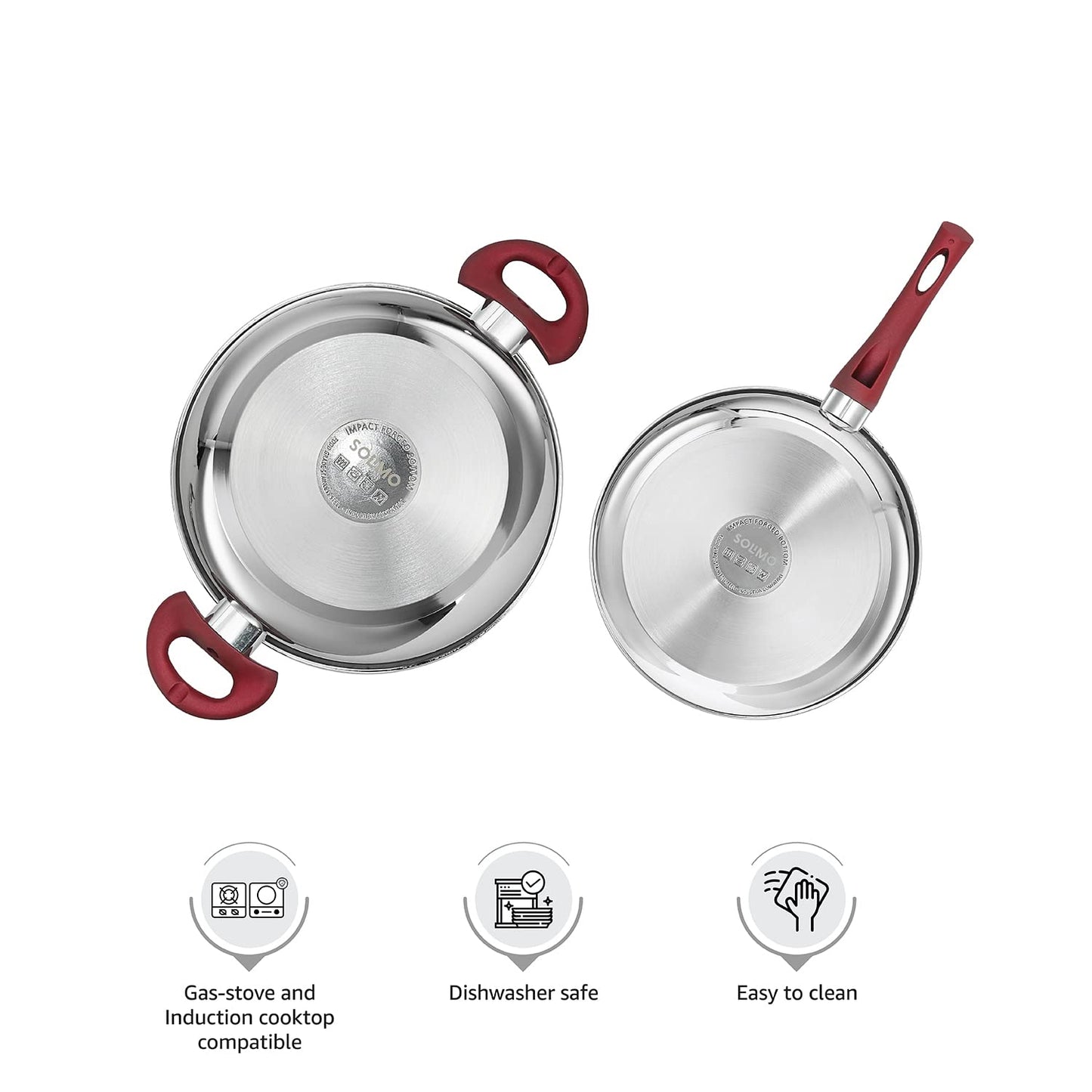 Solimo Stainless Steel Heavy Bottom 2 Piece Cookware Set |Three Layer Impact Forged Bottom for Durability | Premium Look with Soft Touch Handles and Knob, 22 Cm, 2700 Milliliter