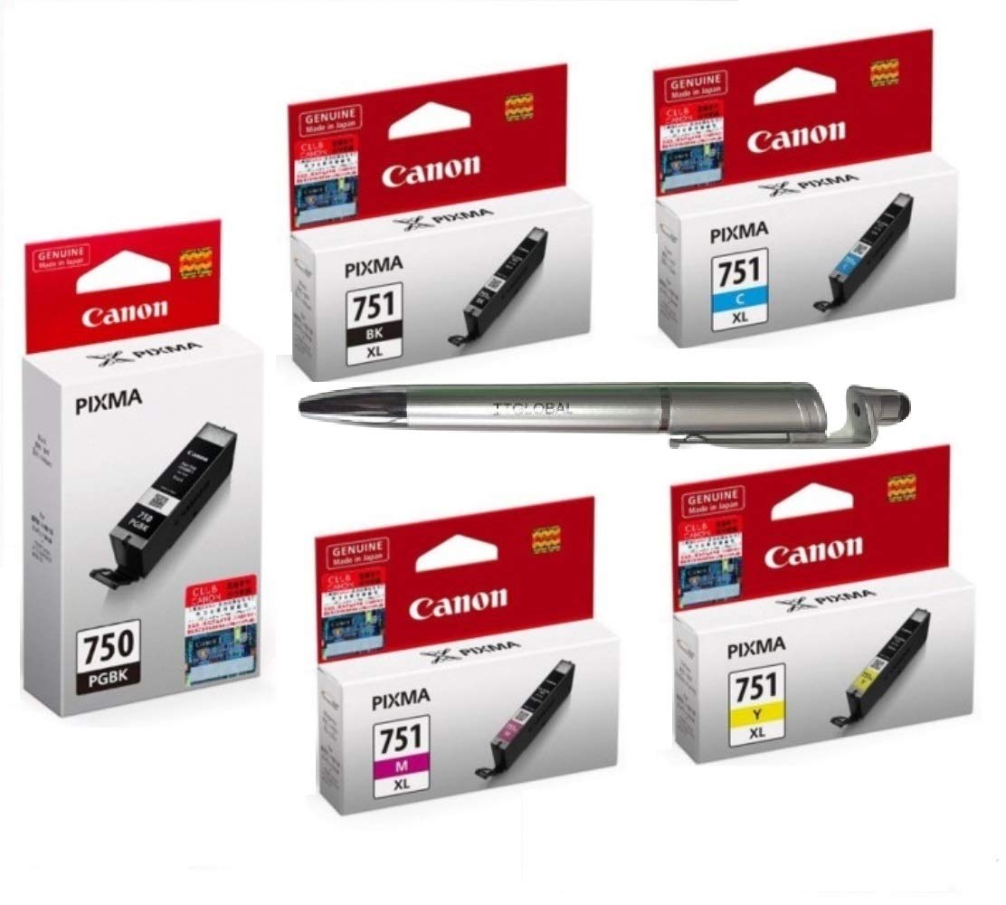 Canon 750 & 751XL B/C/Y/M Colour Ink Cartridge with 3in1 Multi-Function Mobile Phone Stand, Stylus Pen, Anti-Metal Texture Rotating Ballpoint Pen (Very Colors) PGI 750 CLI 751XL