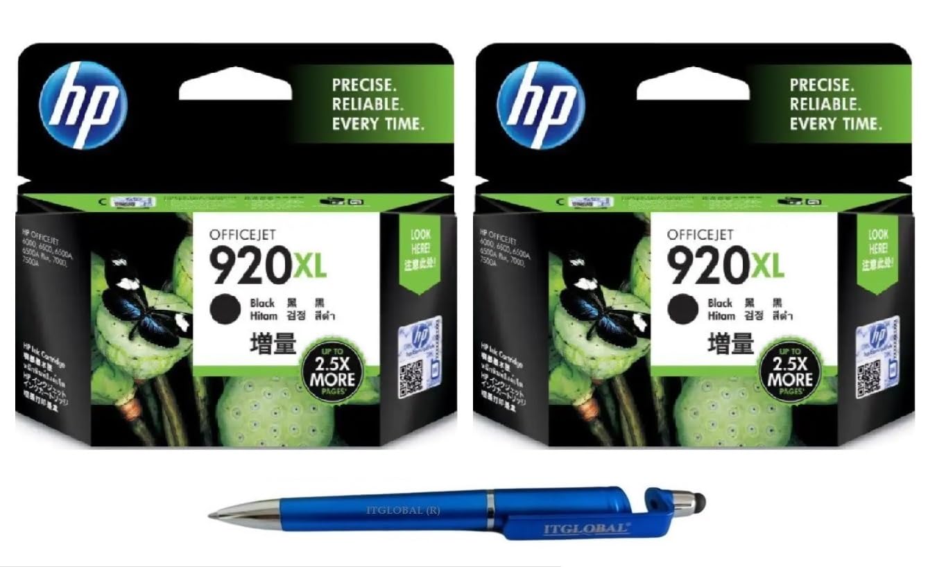 HP 920XL Ink Cartridge (Black) Twin (Set of 2) with 3in1 Multi-Function Mobile Phone Stand, Stylus Pen, Anti-Metal Texture Rotating Ballpoint Pen (Very Colors)