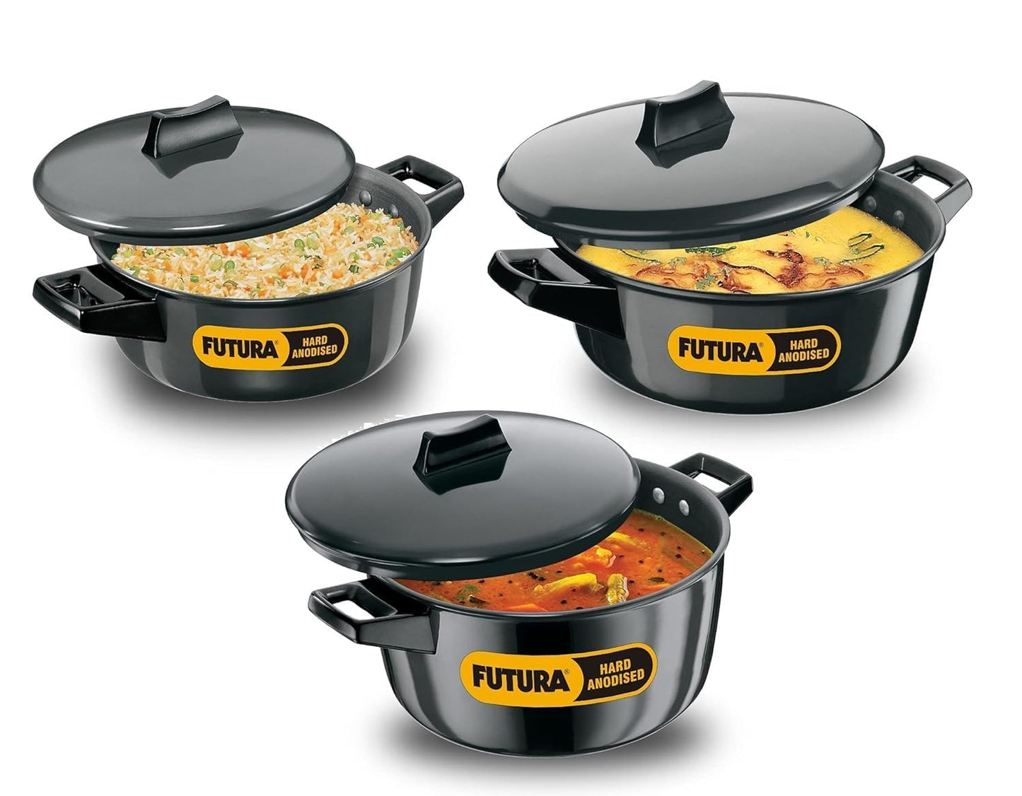 Hawkins Futura Hard Anodised Aluminum Cook-N-Serve Bowl with Lid, 3 Pcs Set, Black (2,4 and 5 Litre)