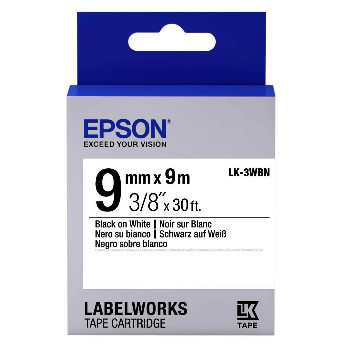 Epson LabelWorks Standard LK (Replaces LC) Tape Cartridge ~3/8" Black on White (LK-3WBN) - For use with LabelWorks LW-300, LW-400, LW-600P and LW-700 label printers