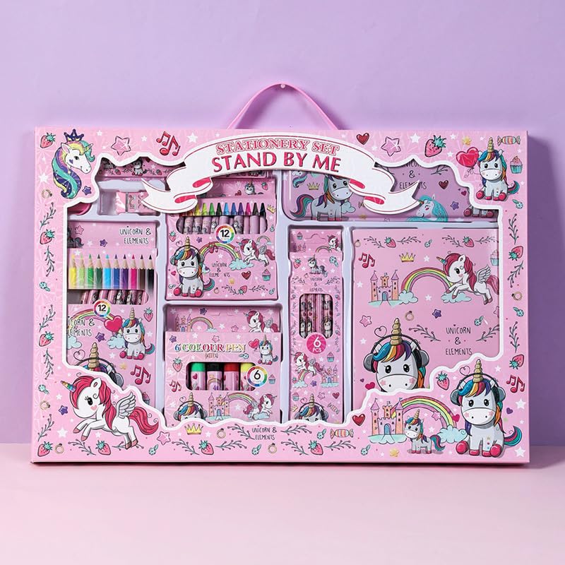 SILLYME 41 pcs Mega Unicorn Stationery Set for Girls - Birthday Gift for Girls - Metal Geometry Box for Girls, Pencil Colour Sets., Unicorn Diary, Crayon, Skech pens, Pencil Eraser Scale