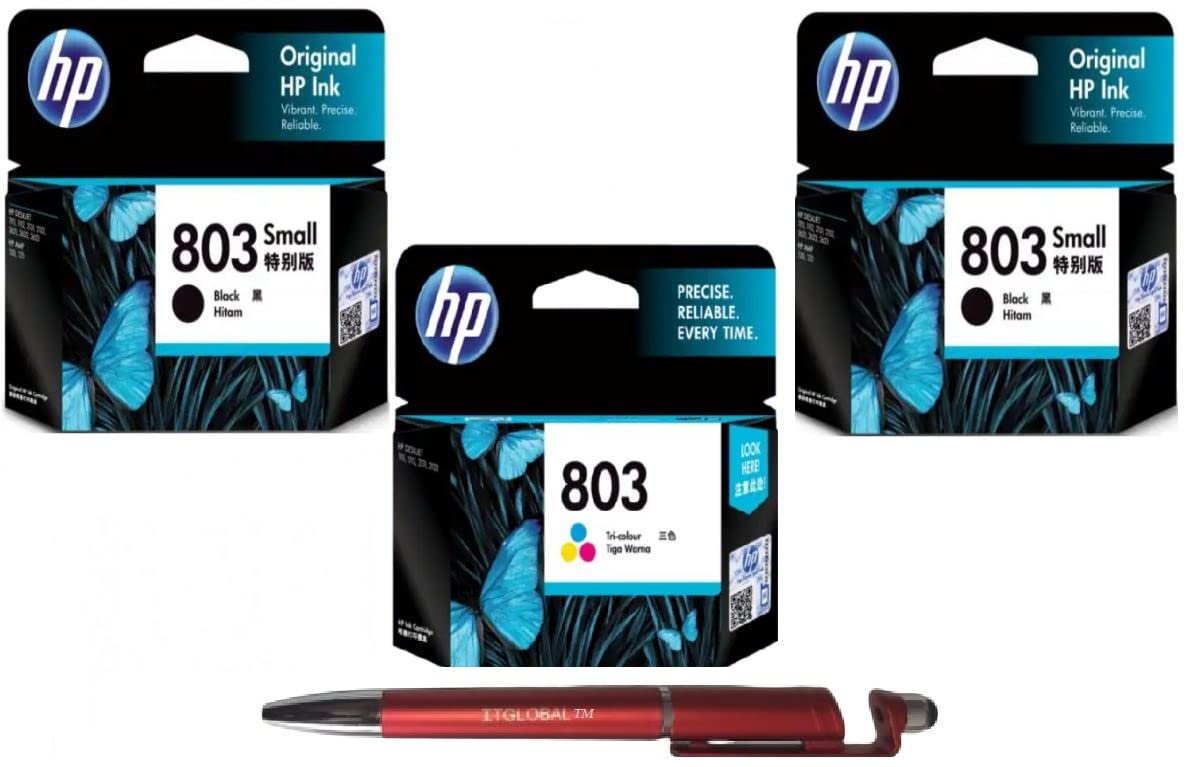 HP 803 Ink Cartridge (Small Black Twin & Colour) (Set of 3) with 3in1 Multi-Function Mobile Phone Stand, Stylus Pen, Anti-Metal Rotating Ballpoint Pen (Very Colors)