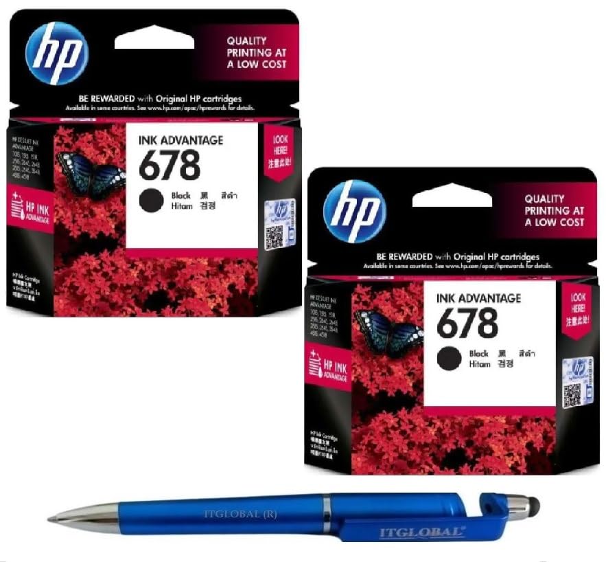 HP 678 Ink Cartridge (Black) Twin (Set of 2) with 3in1 Multi-Function Mobile Phone Stand, Stylus Pen, Anti-Metal Texture Rotating Ballpoint Pen (Very Colors)