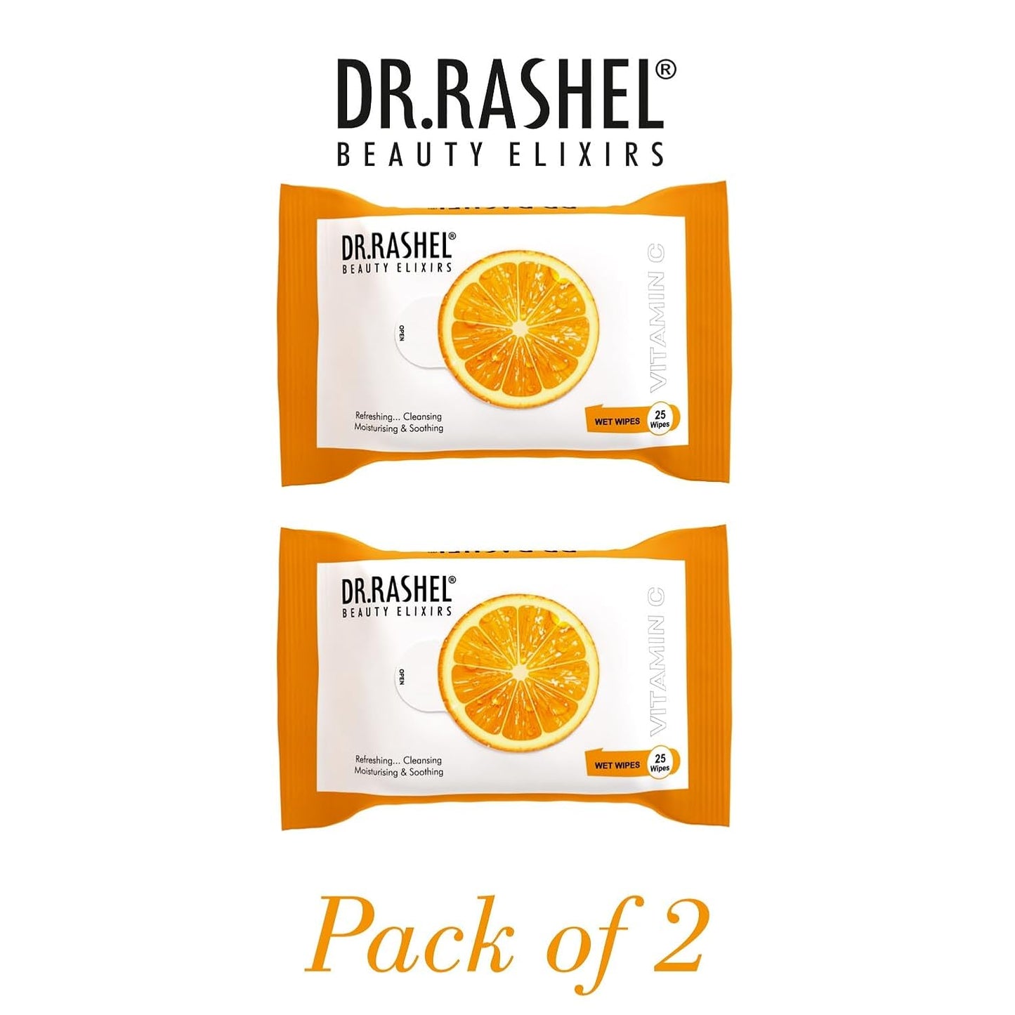 DR.Rashel Vitamin C Pack of 2 Face Wipes, Enriched with goodness of Vitamin C and Aloe Vera Extract | For Multi purpose use | Gives Refreshing and Glowing Skin.(25 pc x 2)