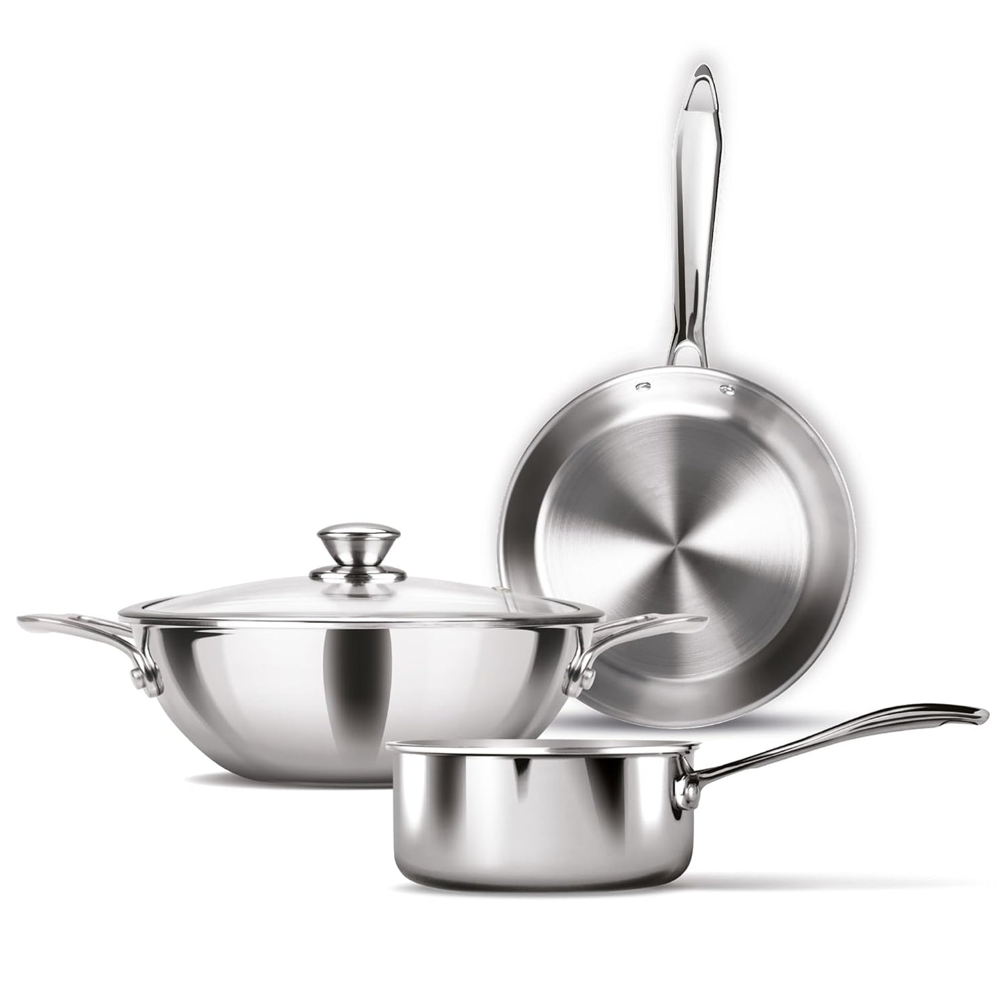 MILTON Pro cook Triply Induction Base Cookware Set Of 3 Stainless Steel |Sauce Pan 14 Cm, Fry 24 Kadhai Cm With Glass Lid Silver | Dishwasher Safe Food Flame