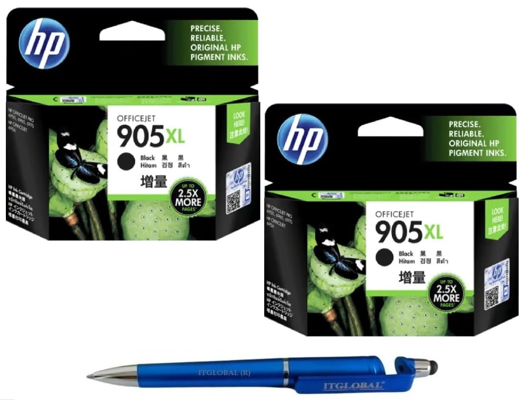 HP 905XL Ink Cartridge (Black) Twin (Set of 2) with 3in1 Multi-Function Mobile Phone Stand, Stylus Pen, Anti-Metal Texture Rotating Ballpoint Pen (Very Colors)