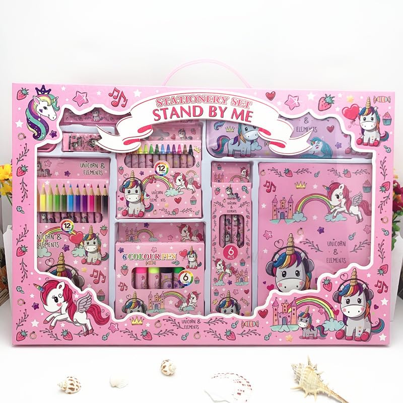 SILLYME 41 pcs Mega Unicorn Stationery Set for Girls - Birthday Gift for Girls - Metal Geometry Box for Girls, Pencil Colour Sets., Unicorn Diary, Crayon, Skech pens, Pencil Eraser Scale