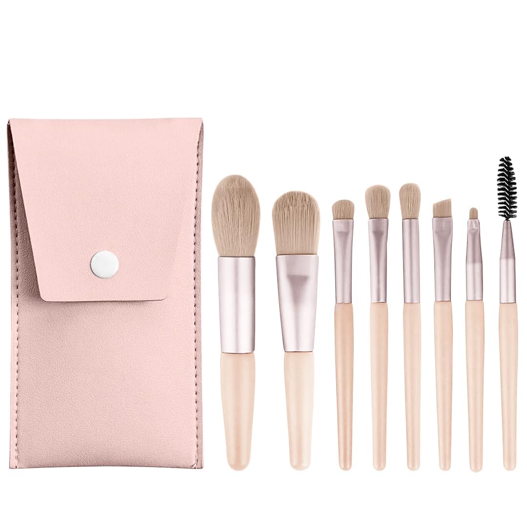 Gleva 8 Pcs Brush Set With Pouch, Makeup Brushes Premium Synthetic Kabuki Foundation, Concealers, Eye Shadows Professional Blush, Face Powder, Highlighter, Contour, Blending Eyeliner (Pink)