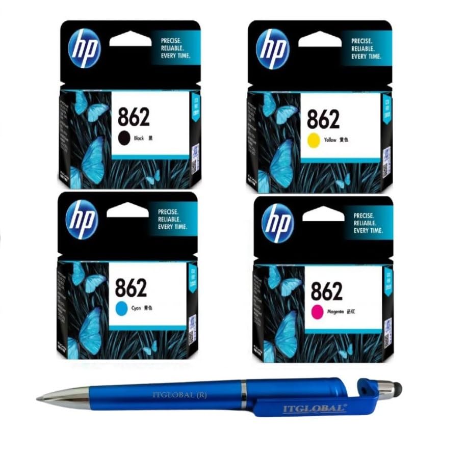 HP 862 B/C/M/Y Ink Cartridge (Set of 4) with 3in1 Multi-Function Mobile Phone Stand, Stylus Pen, Anti-Metal Texture Rotating Ballpoint Pen (Very Colors) (Very Colors)