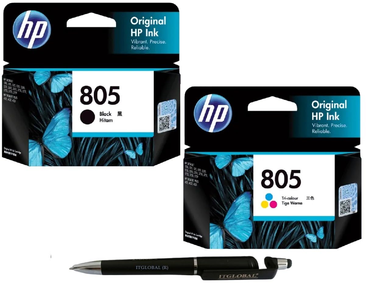 HP 805 Ink Cartridge (Black & Colour) (Set of 2) with 3in1 Multi-Function Mobile Phone Stand, Stylus Pen, Anti-Metal Texture Rotating Ballpoint Pen (Very Colors)