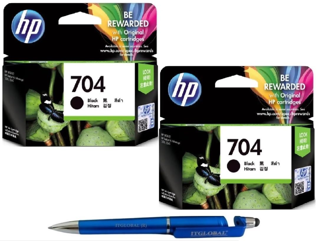 HP 704 Ink Cartridge (Black) Twin (Set of 2) with 3in1 Multi-Function Mobile Phone Stand, Stylus Pen, Anti-Metal Rotating Ballpoint Pen (Very Colors)