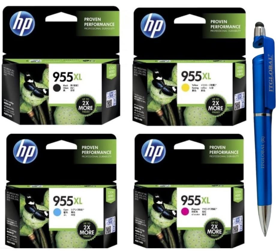 HP 955XL B/C/M/Y Ink Cartridge (Set of 4) with 3in1 Multi-Function Mobile Phone Stand, Stylus, Anti-Metal Texture Rotating Ballpoint Pen (Very Colors)