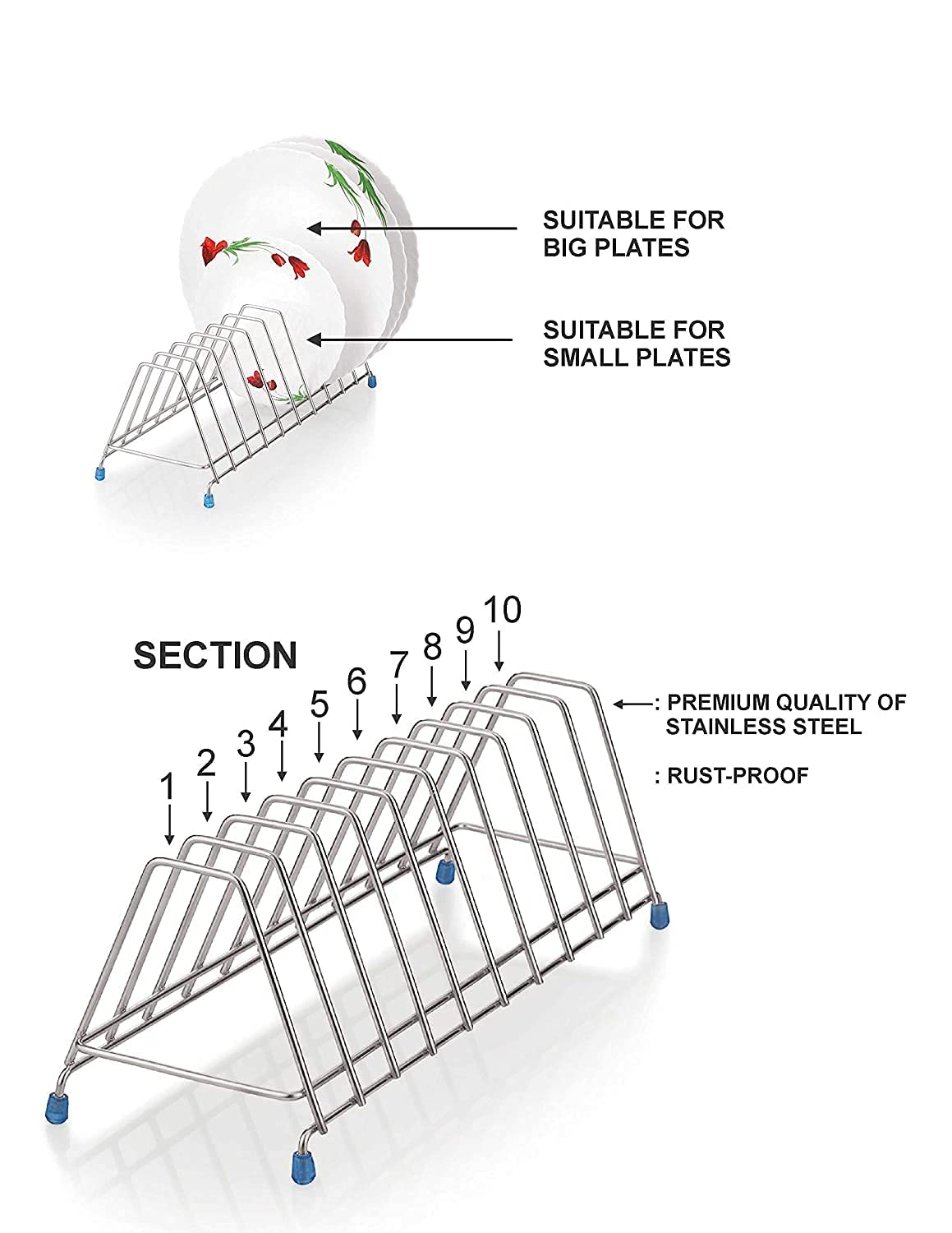 Yes Kitchen Stainless Steel Thali Rack,Dish Rack,Plate Stand,Dish Stand Lid Utensil 10 Section Plate Kitchen Dish Rack, 30 x 14 x 14 Centimeters
