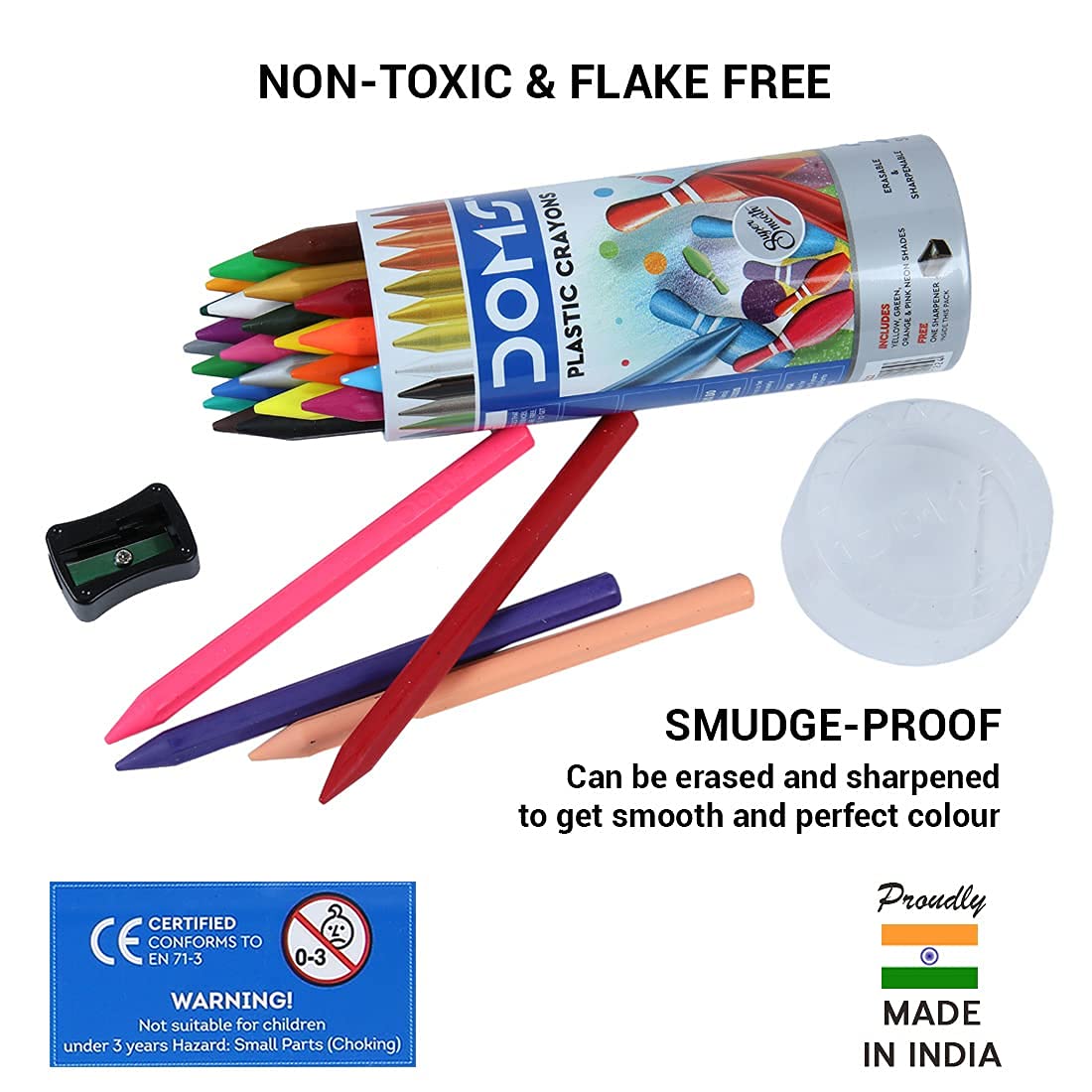 Doms 28 Shades Erasable Plastic Crayons Round Tin Box | Smooth & Even Shading | Bright & Playful Colors | Free Sharpner Inside | Non-Toxic & Safe For Childrens | Pack of 1