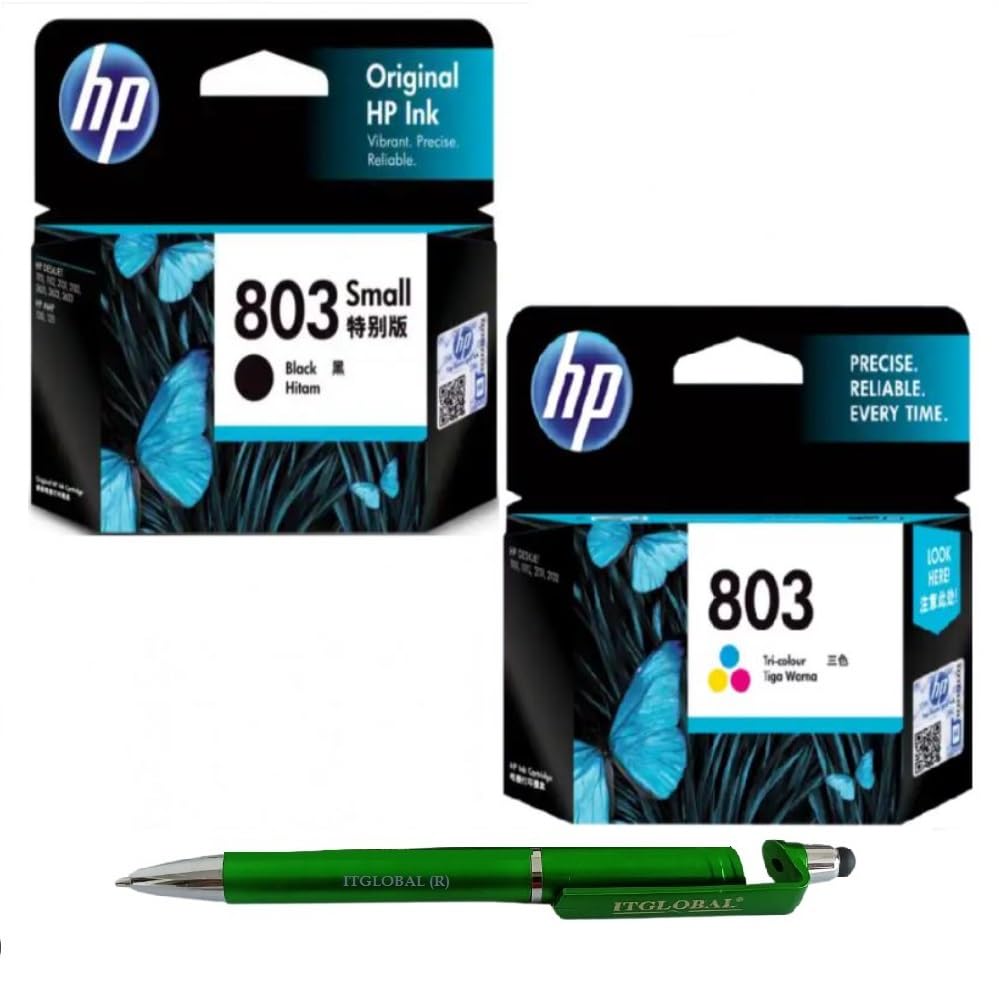 HP 803 Ink Cartridge (Small Black & Colour) (Set of 2) with 3in1 Multi-Function Mobile Phone Stand, Stylus Pen, Anti-Metal Texture Rotating Ballpoint Pen (Very Colors)
