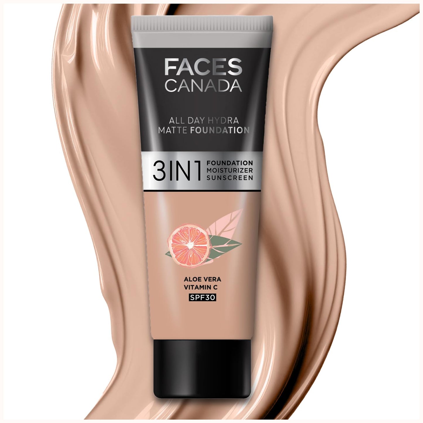 FACES CANADA All Day Hydra Matte Foundation - Mini | 3-in-1 Foundation + Moisturizer + SPF 30 | 24 HR Aloe Hydration & Vitamin C | 10HR Long Wear | Medium to High Buildable Coverage | Warm Natural, 15ml