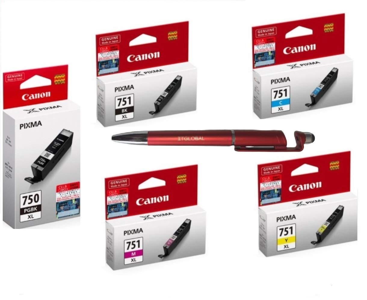 Canon 750XL & 751XL B/C/Y/M Ink Cartridge with 3in1 Multi-Function Mobile Phone Stand, Stylus Pen, Anti-Metal Texture Rotating Ballpoint Pen (Very Colors) PGI 750XL CLI 751XL