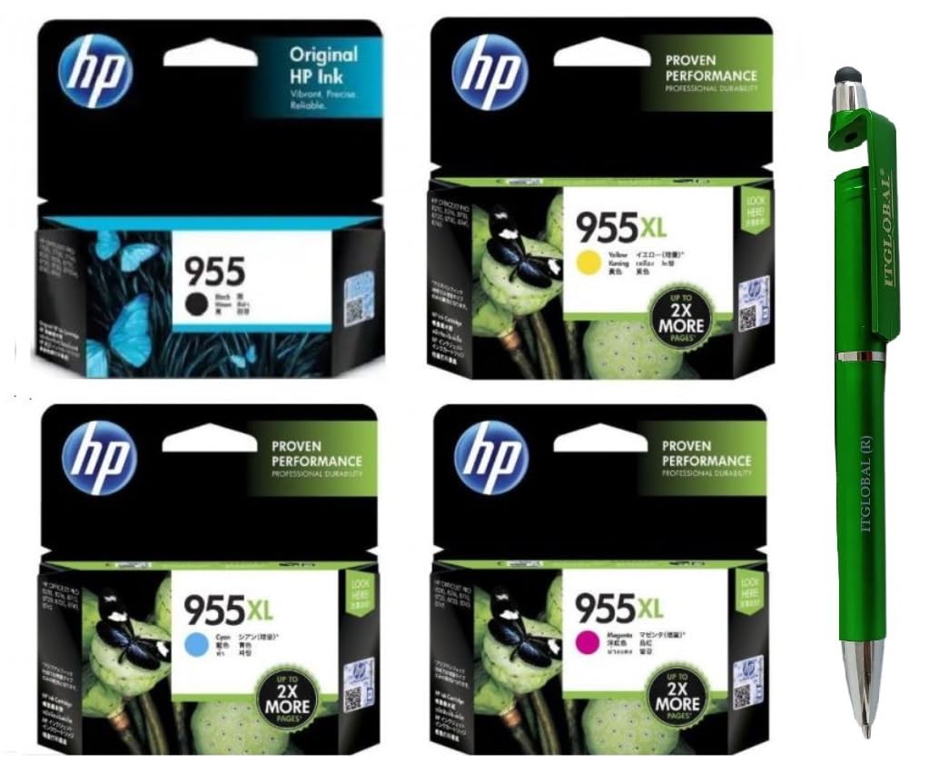 HP 955 Black & 955XL C/M/Y Ink Cartridge (Set of 4) with 3in1 Multi-Function Mobile Phone Stand, Stylus Pen, Anti-Metal Texture Rotating Ballpoint Pen (Very Colors)