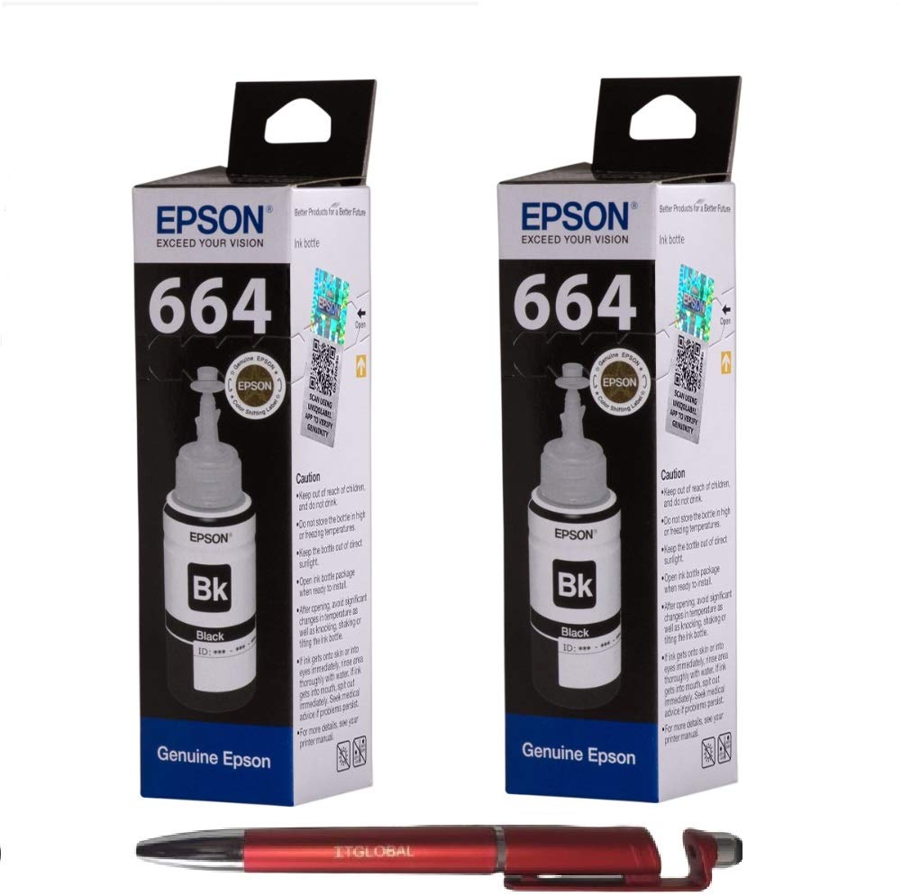 Epson T6641 Black (Set of 2) Ink Bottles with 3in1 Multi-Function Mobile Phone Stand, Stylus Pen, Anti-Metal Texture Rotating Ballpoint Pen (Very Colors) T-6641