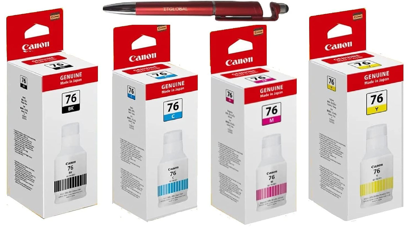 Canon 76 B/C/Y/M Ink Bottles Pixma GX6070 GX7070 Printer with ITGLOBAL 3in1 Multi-Function Mobile Phone Stand Stylus Pen Anti-Metal Texture Rotating Ballpoint Pen Gi 76 Gi-76