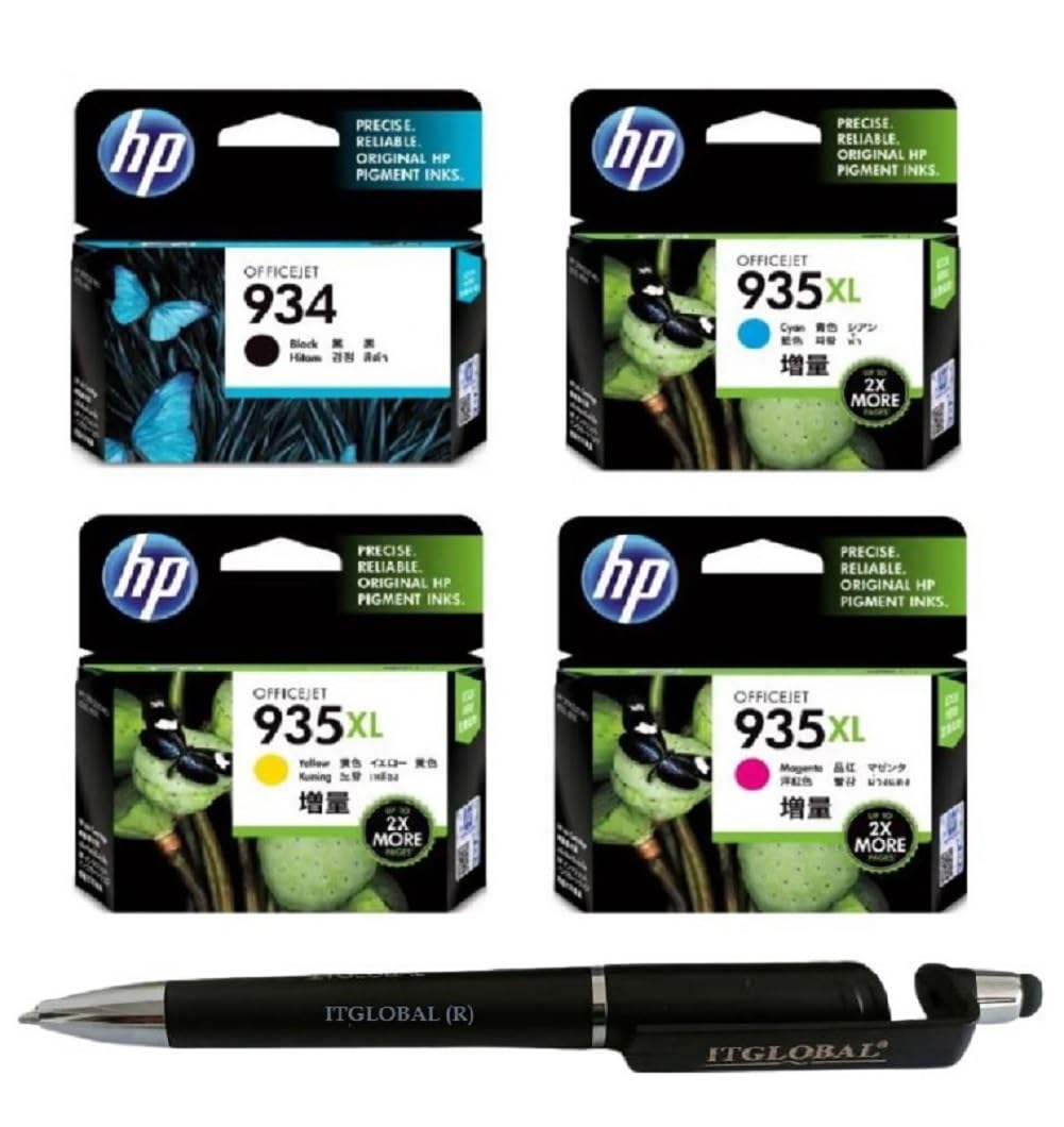 HP 934 & 935XL C/M/Y Ink Cartridge (Set of 4) with 3in1 Multi-Function Mobile Phone Stand, Stylus Pen, Anti-Metal Rotating Ballpoint Pen (Very Colors)