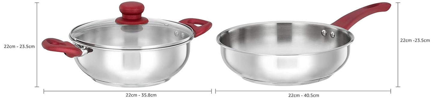 Solimo Stainless Steel Heavy Bottom 2 Piece Cookware Set |Three Layer Impact Forged Bottom for Durability | Premium Look with Soft Touch Handles and Knob, 22 Cm, 2700 Milliliter
