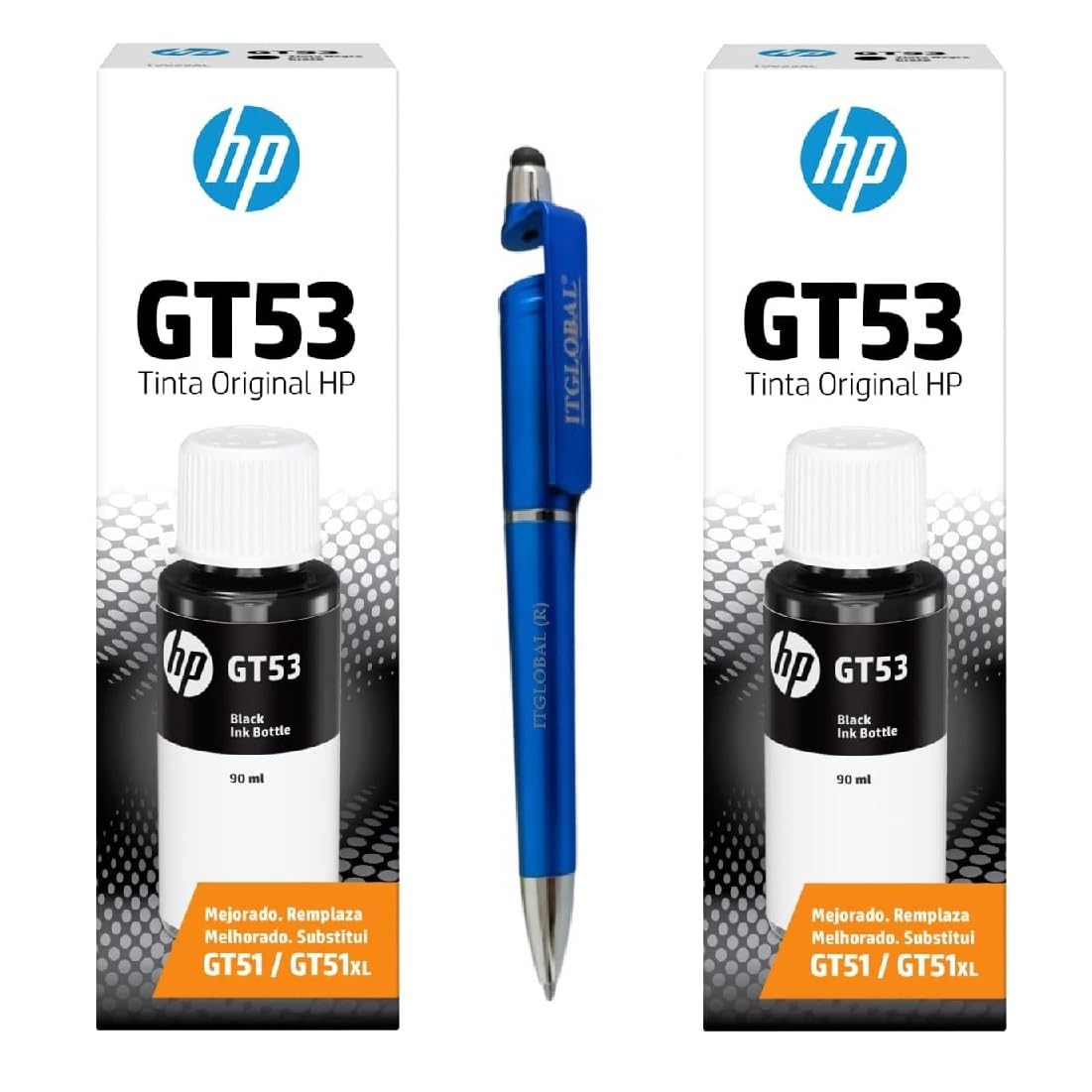 HP GT53 Twin Ink Bottle (Black) (Set of 2) with 3in1 Multi-Function Mobile Phone Stand, Stylus Pen, Anti-Metal Rotating Ballpoint Pen (Very Colors)