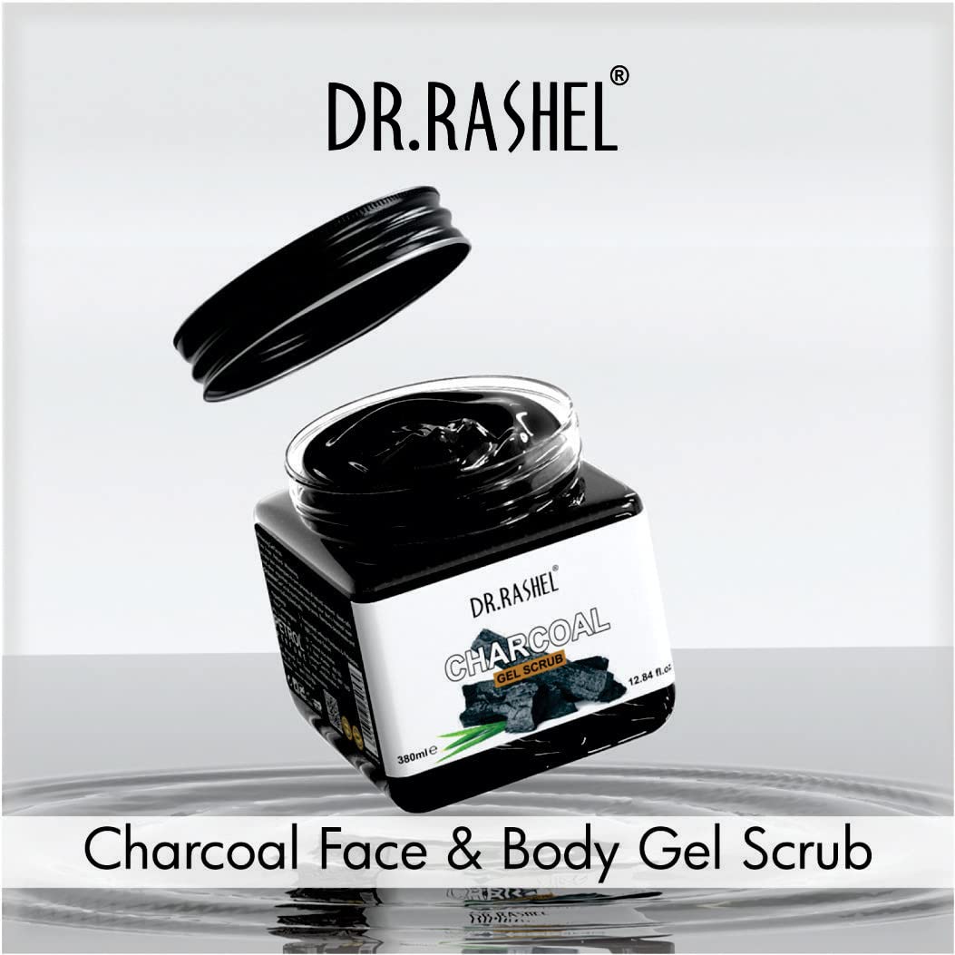 DR.RASHEL Charcoal Gel Face & Body Scrub For Men and Women (380 Ml) | All Skin |Cleanser Scrub For Deep Exfoliation | Dead Skin Remover | Tan Removal | Blackhead Remover