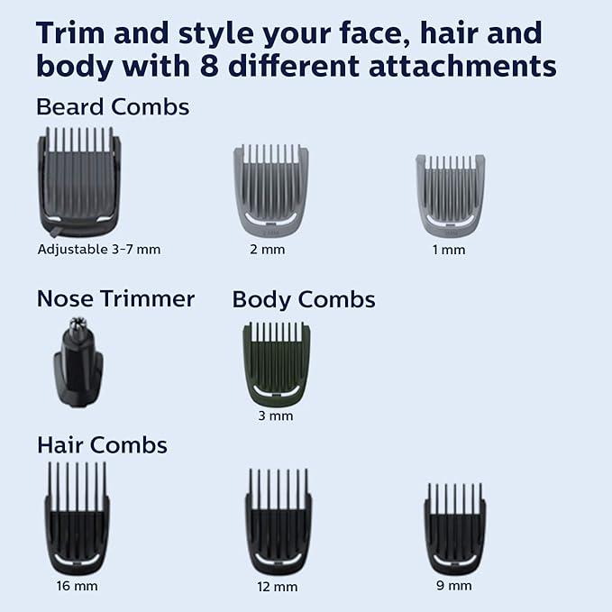 Philips India's No.1 Men's Trimmer | Self Sharpening Blades | Single Stroke Grooming I 9 in1 Face, Nose and Body I 2+1* year warranty | Powerful motor | No Oil Needed I 60 min runtime I MG3710/65