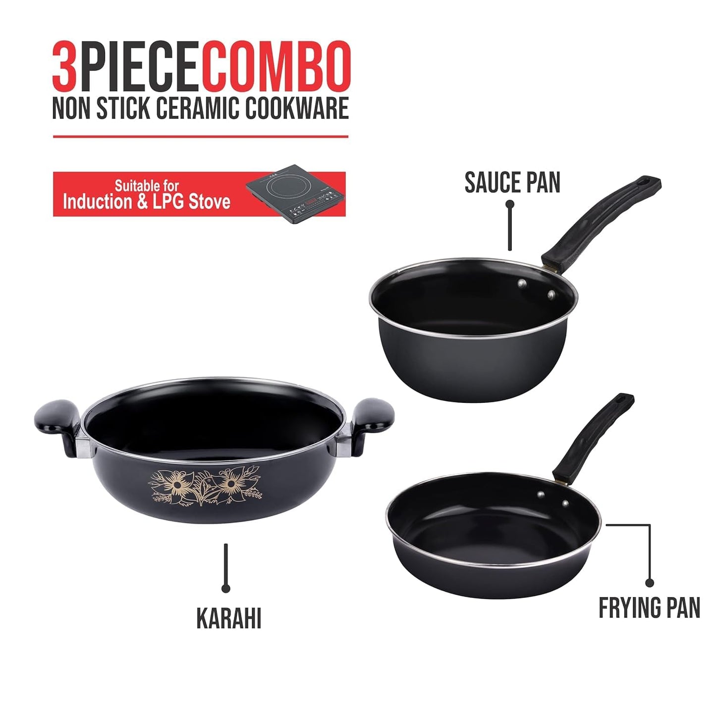 JESA HOMES 3 Pieces Accessories | Non Stick Induction Cookware Cooking Cooktop Combo Set for Kitchen | Kadai with Lid, Sauce Pan, Fry - Frying Pan | Made of Cast Iron