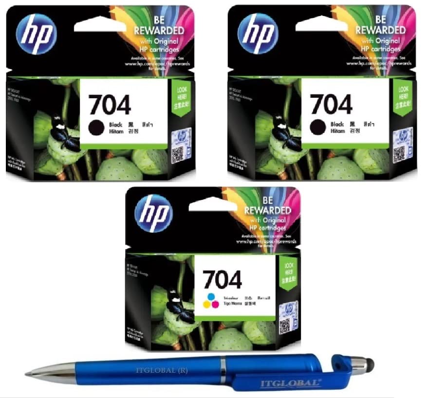 HP 704 Ink Cartridge (Black Twin & Colour) (Set of 3) with 3in1 Multi-Function Mobile Phone Stand, Stylus Pen, Anti-Metal Texture Rotating Ballpoint Pen (Very Colors)