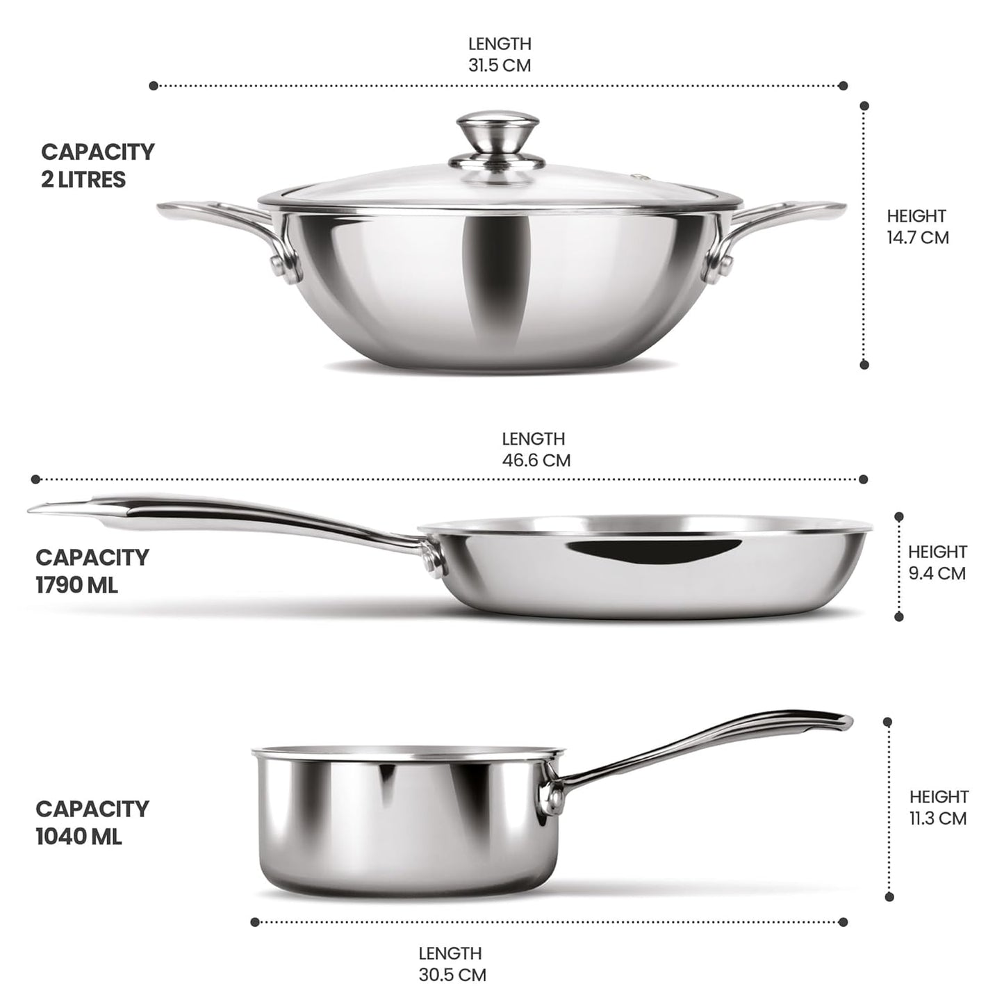 MILTON Pro cook Triply Induction Base Cookware Set Of 3 Stainless Steel |Sauce Pan 14 Cm, Fry 24 Kadhai Cm With Glass Lid Silver | Dishwasher Safe Food Flame