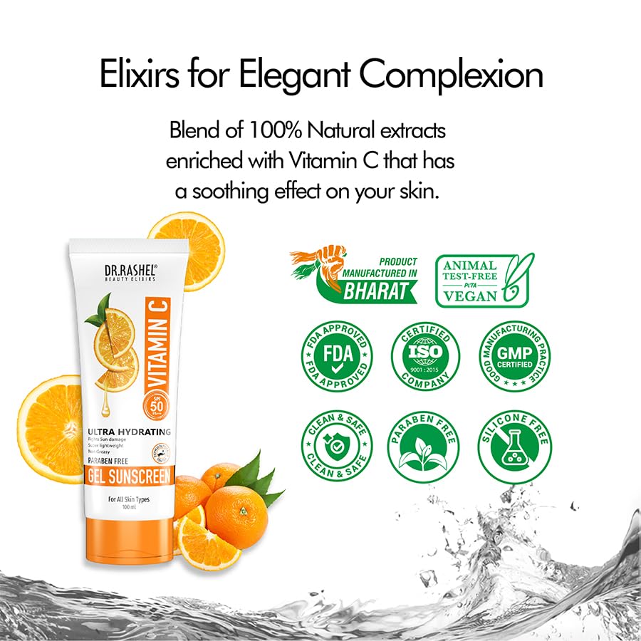 DR.RASHEL Vitamin C Sunscreen SPF 50 PA+++ Gel Ultra Hydrating Fights Sun Damage, Super Lightweight, Non Greasy Parabean Free – 100 ML |