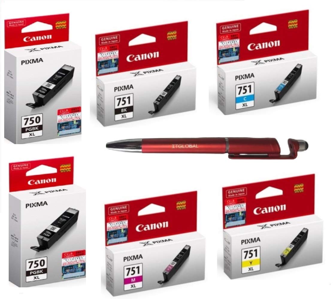 Canon 750XL Twin & 751XL B/C/Y/M Ink Cartridge with 3in1 Multi-Function Mobile Phone Stand, Stylus Pen, Anti-Metal Texture Rotating Ballpoint Pen (Very Colors) PGI 750XL CLI 751XL