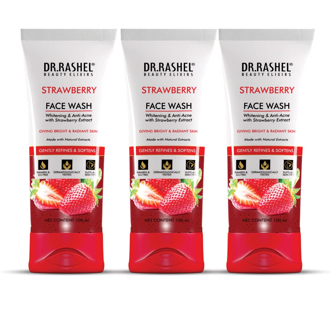 DR.RASHEL Strawberry Face Wash For Men & Women Concentrate Deep Cleansing & Clove Purifying With Strawberry Extract & Natural Ingredients Suitable For All Skin Oily to Normal - Pack of 3 (100 ML) Each