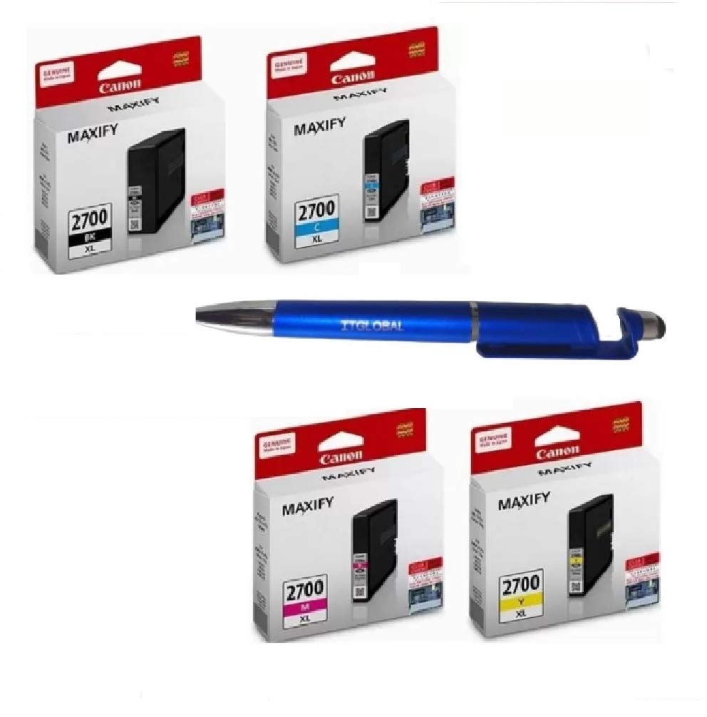 Canon PGI 2700XL B/C/Y/M Ink Cartridge MB5070 MB5170 MB5370 MB5470 iB4070 iB4170 with 3in1 Multi-Function Mobile Phone Stand, Stylus, Ballpoint Pen (Very Colors)