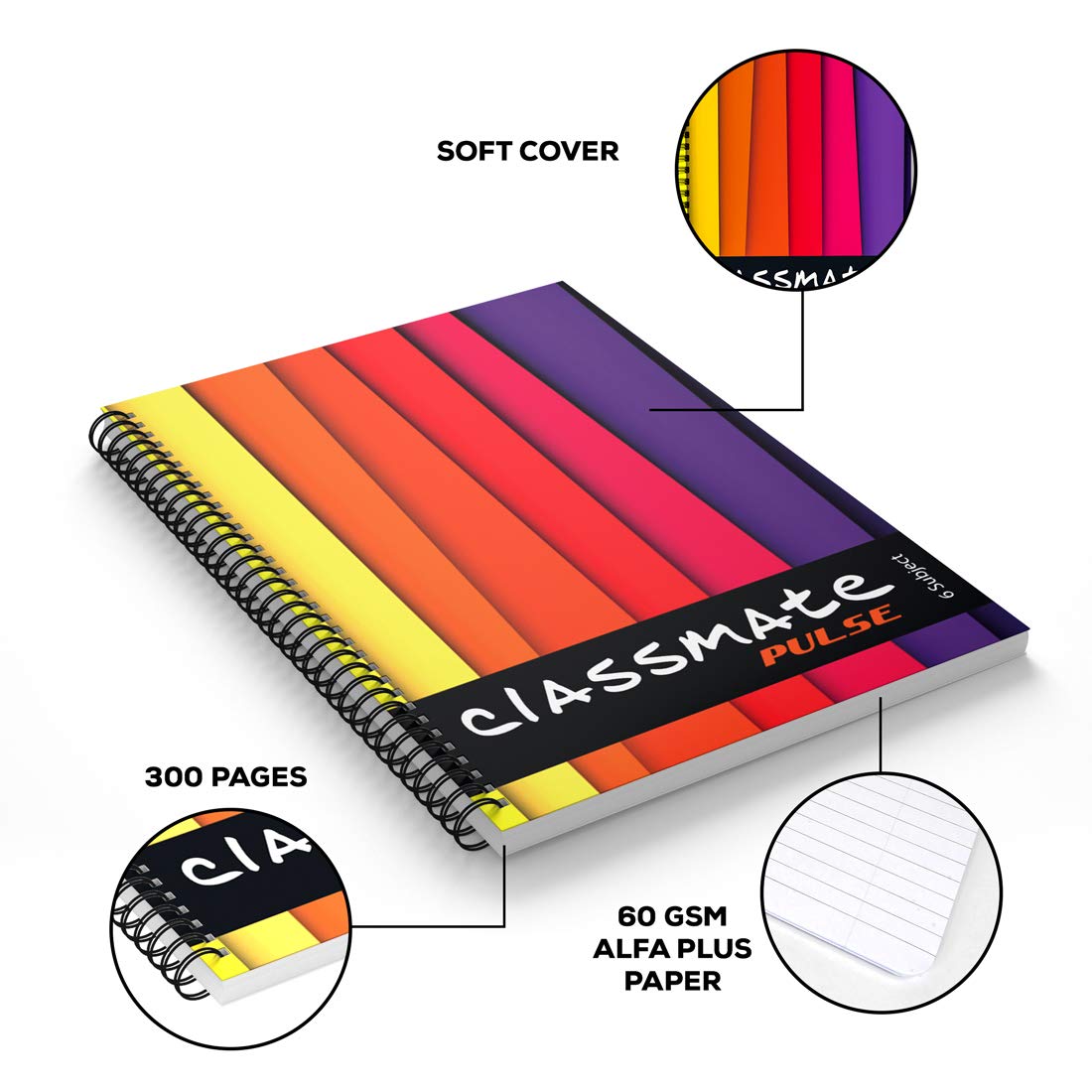 Classmate Pulse Spiral Notebook - Single line, 300 Pages, Wiro, 240mm x 180 mm